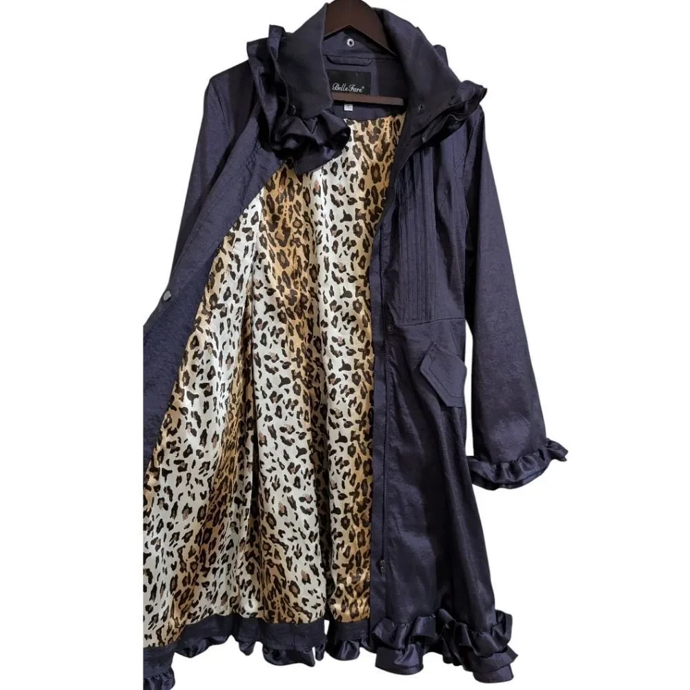 Belle Fare Purple Ruffled Trench Coat Belted with Leopard Lining Women's Medium